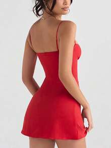 Women's Solid Sexy Red A-Line Suspender Mini Dress, Elegant Style Suitable For Daily Outings, Dates, Parties, Summer/Spring Vacations Outfits - Red - View 3