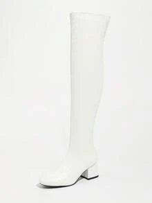 Giày bốt cao đến đầu gối thời trang nữ, giày bốt Knight có khóa kéo bên hông mới cho mùa thu/đông, giày bốt cao gót bằng da, giày bốt cao gót giữa co giãn mũi vuông - trắng - Xem 4