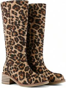 Women's Knee High Chunky Block Heel Square Toe Low Heel Boots, Style - Leopard - View 3