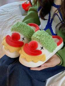 1 双男女通用万圣节小丑毛绒一脚蹬防滑平底休闲家居拖鞋，适合秋冬季 - 紅白色 - 查看 2