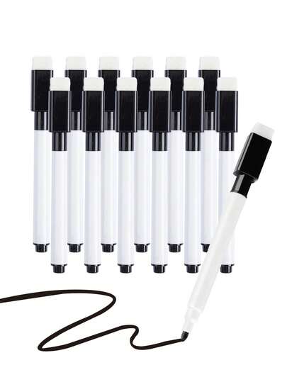 12PCS Erasable Chalkboard Pens - High-Quality Black Core Whiteboard Markers, Black/White Pen Body, Water-Based Reusable Ink, With Brush - Ideal For School, Office & Teaching, Colors/Styles Randomly Shipped