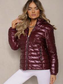 Quilted Jacket With A Detachable Hood And Elasticated Sleeves - Burgundy - View 2