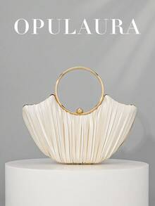 OpulAura 女士金属奢华晚装手拿包，优雅皮革派对手提包，闪光正式手拿包，适合礼服、舞会、婚礼、伴娘、生日礼服配饰 - 杏色 - 查看 6