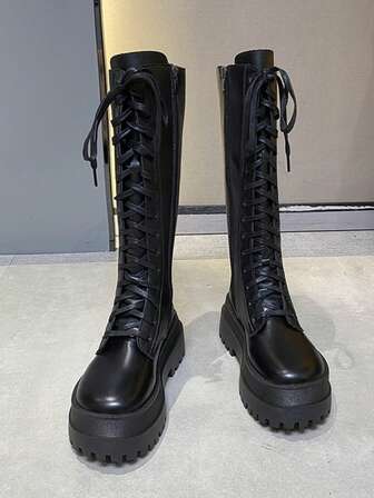 Botas con suela gruesa, botas de media pantorrilla, botas con cordones, para otoño e invierno, nuevas botas de montar de otoño con cordones, ajuste delgado, sobre la rodilla, con cremallera lateral, para fiesta