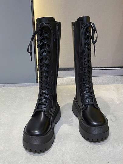 Thick Sole Tall Boots, Mid-Calf Boots, Lace-Up Boots, Fall, Winter, New Autumn Lace-Up Slim Fit Over-The-Knee Side Zipper Riding Boots,Party