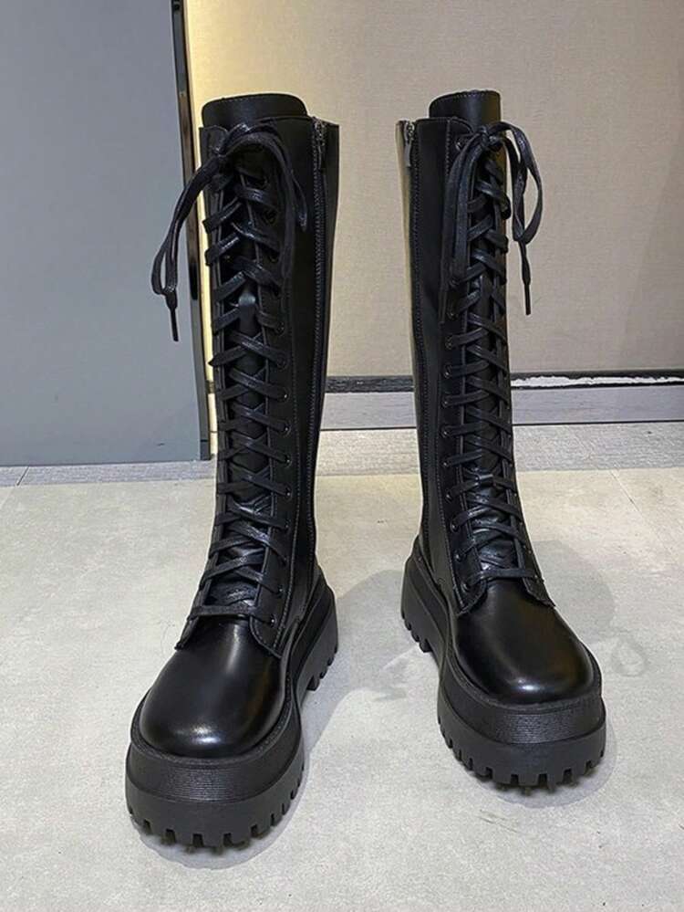 Bottes à semelle épaisse, bottes mi-mollet, bottes à lacets, automne, hiver, nouvelles bottes d'équitation à lacets ajustées de la mi-cuisse avec fermeture éclair latérale pour l'automne