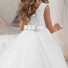 Fairy-Like Elegant White Princess Dress With Lace Top, Bow Belt And Large Lace Hem - 白色 - 查看 4