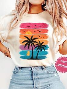 Summer Shirt Retro Palm Tree Beach  Vation Graphic T-Shirt Tropil Sun Shirt Boho Summer Travel  Beach Lover Gift - Blanco - Ver 1