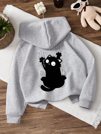 灰色女童卫衣，黑色小猫印花，可爱的图案组合，适合休闲运动、旅行、聚会等场合。