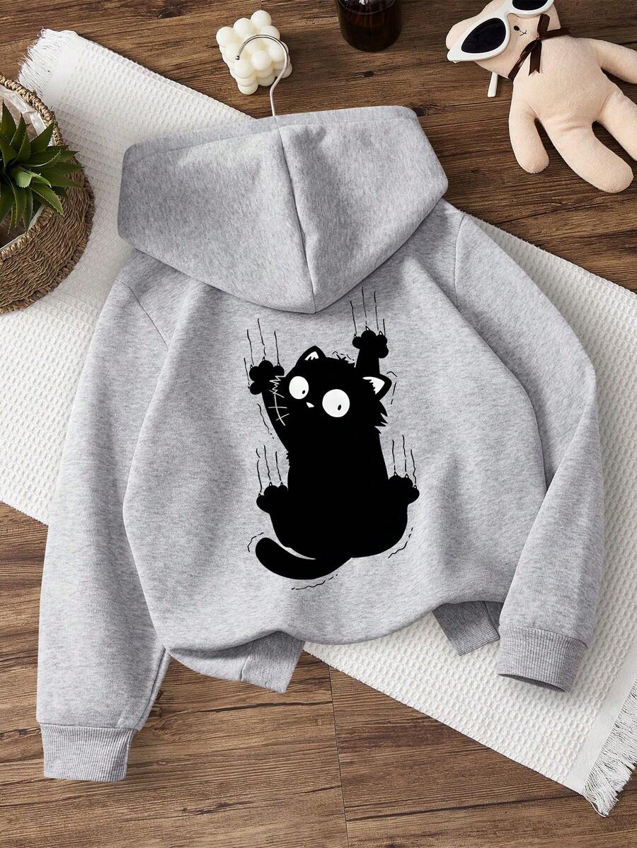 一件女童灰色卫衣,黑色小猫印花,可爱图案设计,适合休闲、运动、旅行和聚会等场合。 - 灰色 - 查看 1