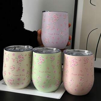 1pc12oz Stainless Steel Insulated Egg Cup With Floral Bow, Available In Four Colors, Fresh Design, Easy To Carry, Meets Daily Drinking Needs, Can Be Used In Multiple Scenarios, A Good Choice For Personal Use And Giving As A Gift, Holiday Gift.