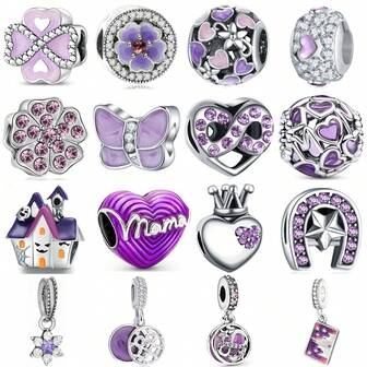 1 件紫色系列串珠吊坠。爱情、母亲、无限、蝴蝶、魔鬼、花朵、球、四叶草、皇冠等，适合原创手链和项链的 DIY 装饰。