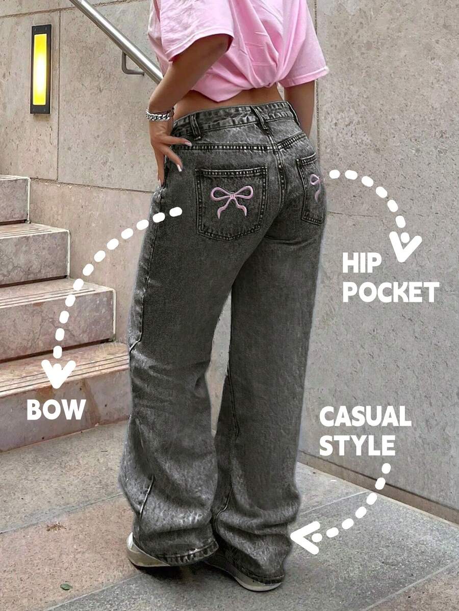 Women's Straight Leg Jeans, Butterfly Embroidery Design Back Pockets, Washed Denim Fabric, Back To School Season Pants Casual - Grey - View 1