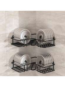 1 pieza Estantería de baño, estantería de almacenamiento triangular sin costuras para baño y cocina, estantería de almacenamiento de baño sin perforación, estantería de ducha de esquina de hierro fundido, diseño de malla de acero inoxidable negro, fácil de acceder y organizar, adecuado para almacenar champú, acondicionador y jabón, decoración moderna de baño, organización y almacenamiento de baño, accesorios de baño