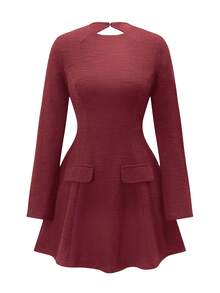 Vestido de coquetel feminino elegante, sem mangas, com decote redondo e cintura marcada, ideal para encontros, festas e formaturas. - Borgonha - Ver 3