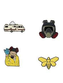 4pcs European & American Accessories, Breaking Bad TV Series Cartoon Character Gas Mask Shaped Enamel Alloy Brooch