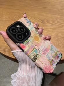 1pc Fashionable Retro Tropical Beach Pattern Vertical Striped High-End Faux Leather Anti-Fall Anti-Fingerprint Shock-Proof Phone Case Compatible With Apple And Models - Multicolor - View 5