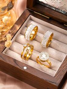 4/5 Pieces Fashionable And Exquisite Stainless Steel Ring 18k Gold Plated With Diamonds Round Square Ring Suitable For Women'S Daily Wear Dating Play Wedding Engagement Holiday Gift Jewellery