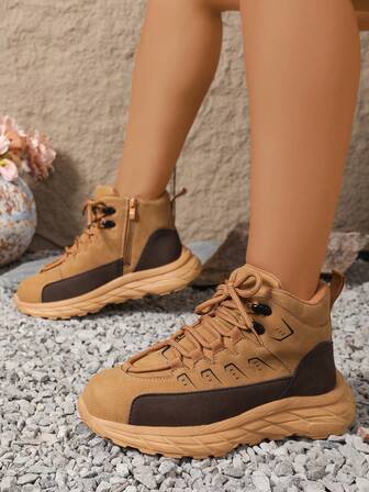 High-Top Sneakers - Black & Brown Color Block Thick Sole Casual Shoes - Daily Commute Shoes - Side Zipper Lace-Up Design Anti-Slip Outsole - Fashionable Street Style Shoes - Spring/Autumn Outdoor Wear
