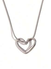 1pc Double Ring Heart Design Tender And Sweet Pendant Necklace With Cubic Zirconia Valentines,Mom,Mother,Mother's Day,Gift - Dây chuyền bạc hình trái tim đơn - Xem 5