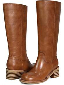 Botas de tacón grueso y bloque hasta la rodilla con punta cuadrada y tacón bajo para mujer, Estilo - Sillín - Ver 5