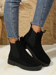 Women's Fashionable Comfortable Casual Versatile Black Fabric Round Toe Elastic Slip-On Chelsea Ankle Boots, Autumn/Winter - Black - View 5