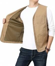 Men's Casual Outdoor Cotton Vest Lightweight Breathable Multi-Pocket Fishing Travel Vests OutwearChristmas IQWV - 02-卡其色 - 查看 4