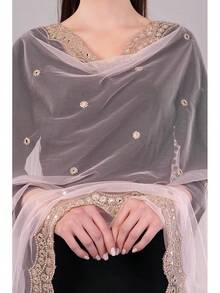 Scalloped Cutwork Net Dupatta, Lightweight And Sheer Shawl, Scarf, Wrap - 淺粉色 - 查看 3