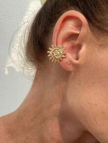 1 件复古简约时尚海洋元素金属金色海星、贝壳、太阳、月亮、花朵装饰夹式耳环，仿穿孔珠宝配饰，适合女士 - 金黃色 - 查看 15