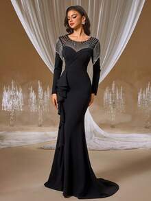 GIFORU 奢华黑色水晶刺绣礼服 - 透视领口美人鱼连衣裙，饰有流苏肩部和层叠荷叶边，适合 Met Gala 晚宴后的派对、维也纳歌剧院之夜和红毯婚礼舞会礼服 - 黑色 - 查看 4