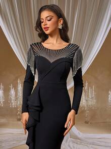 GIFORU 奢华黑色水晶刺绣礼服 - 透视领口美人鱼连衣裙，饰有流苏肩部和层叠荷叶边，适合 Met Gala 晚宴后的派对、维也纳歌剧院之夜和红毯婚礼舞会礼服 - 黑色 - 查看 10