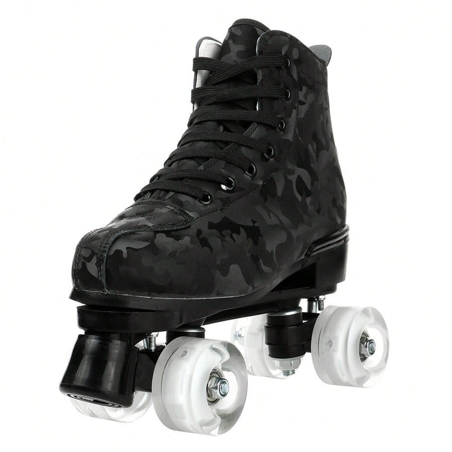 YYW Roller Skates For Women And Men Cowhide High-Top Shoes Classic Double-Row Roller Skate Four-Wheel Roller Skates For Men Girls Unisex Christmas(Camouflage Black Wheel Model) - 迷彩閃光輪 - 查看 1