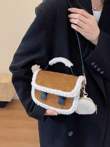 时尚棕色绒面绒毛饰边迷你手提包 - 棕色 - 查看 5