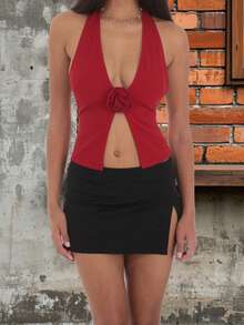 Women Halter Tank Tops Dot/Solid Color Sleeveless Open Back Slit Hem Summer Going Out Vest Shirts - Red - View 4