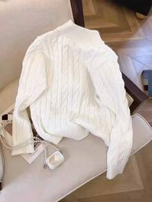 女士休闲罗纹针织拉链毛衣，秋冬 - 白色 - 查看 2
