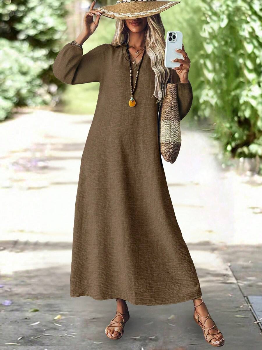 Elegancka, długa sukienka damska na jesień, z dekoltem w serek, nieprzezroczysta, na co dzień, do biura, na imprezę, sukienki damskie