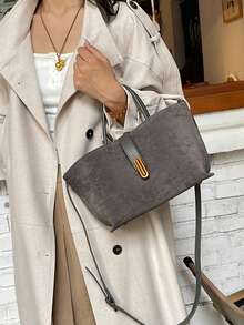 绒面质感小众手提包女士托特包篮包，新款秋冬时尚复古哑光咖啡棕色水桶包，单肩斜挎包带零钱包 - 灰色 - 查看 3