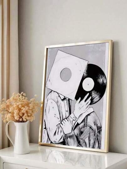 1pc, Black And White Vinyl Record People Print, Modern Style Canvas Wall Art, Love Theme, Unframed, Indoor Use, Vertical, Winter Season, Home Office Decor