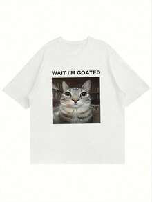 T-shirt casual da uomo a maniche corte con stampa di gatti divertenti in puro cotone, maglietta con cappuccio; magliette grafiche, abbigliamento da palestra da uomo; Wait I'm Goated; stampa di testo - T-shirt estiva nera con scollo tondo, vestibilità regolare, per esterni, stampa di lettere in puro cotone, maglietta con cappuccio; abbigliamento da casa, vestibilità comoda