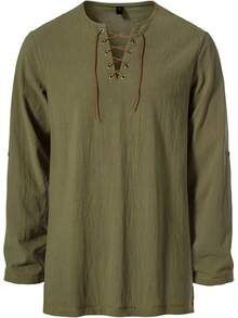 Men's Pure Cotton Vintage Lace Up Shirts For Pirate Renaissance Viking Medieval Costume Without Belt - 軍綠色 - 查看 4
