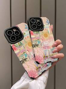 1pc Fashionable Retro Tropical Beach Pattern Vertical Striped High-End Faux Leather Anti-Fall Anti-Fingerprint Shock-Proof Phone Case Compatible With Apple And Models - Multicolor - View 4