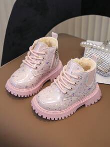1 双新款冬季儿童鞋，防滑 PVC 软底加厚羊毛，适合婴儿、女童、公主大鞋，带羊毛、靴子 - 粉色 - 查看 12
