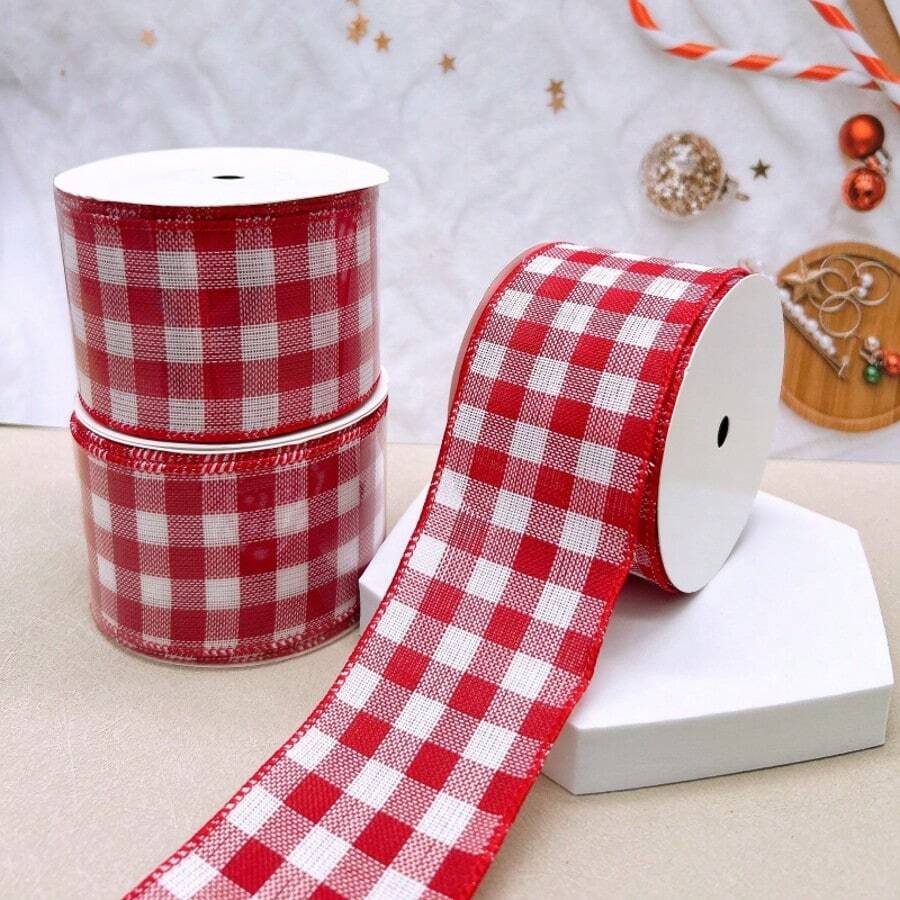 10 Yards / 63 Mm / 2.5 Inches Red Plaid Christmas Wire Edge Ribbon For Gift Wrapping, Suitable For Those With Santa Claus, Snowman, Snowflake And Christmas Plaid Patterns, For Handmade DIY And Festive Christmas Decorations - Red - View 1