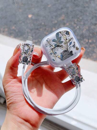 3pcs/Set Data Cable Charger Protector Case, UC Floral Pattern, Suitable For 20W UK Apple Fast Charger Nan Charger Case Phone Accessories