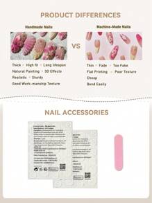 手工美甲 - 粉色3D立体花朵美甲、夏日海滩美甲、水晶贝壳美甲、中号黄色杏仁形贴片美甲、假指甲、女孩/女士美甲用品、美甲 - 粉色 - 查看 5