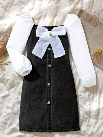 1 件女童黑色牛仔泡泡袖连衣裙，蝴蝶结装饰，中长款拼布连衣裙，校园风格