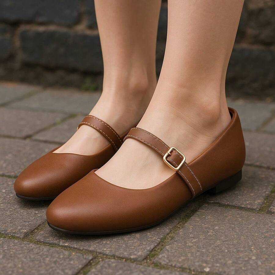 Women's Doll Shoes With Buckle Closure And Flat Heel Women's Basic Mary Janes Style Flats - 駝色 - 查看 1