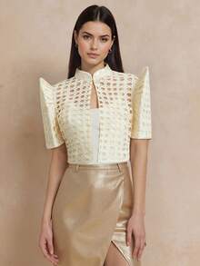 Amyenjoylife 现代菲律宾风情衬衫，蝴蝶袖菲律宾风情衬衫，女士时尚迷人泡泡袖衬衫，镂空菲律宾风情衬衫，香槟色独特菲律宾风情短款上衣 - 香檳色 - 查看 4