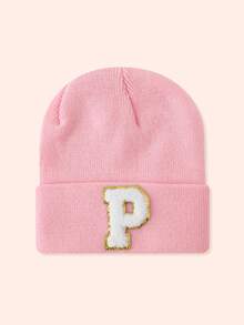 1pc Pink Children's Hat With 26 Letters, Knitted Beanie For Baby Boys And Girls, Warm For Outdoor And Daily Wear - Gold Label-pink Fluorescent Cap - View 110