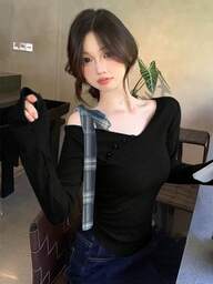 비대칭 리본 오픈 숄더 니트 스웨터, 여성용 피팅 롱 슬리브 탑